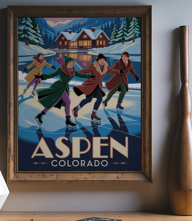 Vintage poster for Aspen, Colorado featuring ice skaters in a snowy landscape.