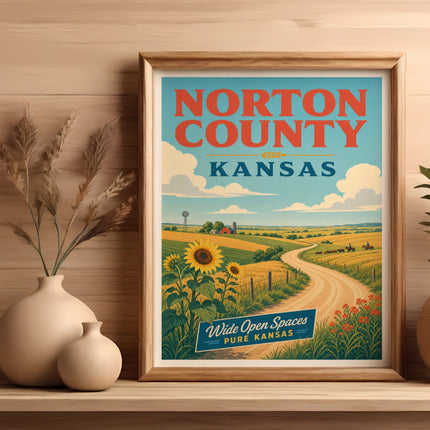 Vintage poster of Norton County, Kansas, featuring sunflowers, farmland, and a dirt road.