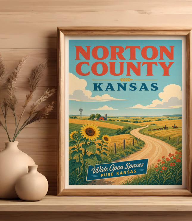Vintage poster of Norton County, Kansas, featuring sunflowers, farmland, and a dirt road.