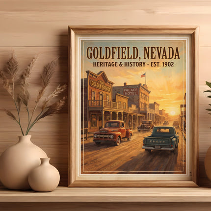Framed art of Goldfield, Nevada with historic buildings and vintage trucks at sunset.