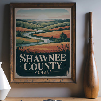 Vintage Shawnee County, Kansas travel poster with rolling hills and river.