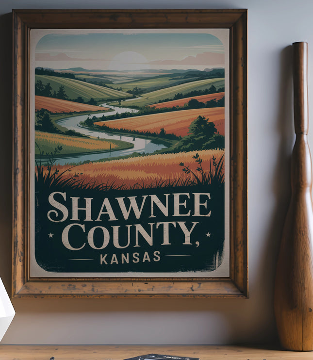 Vintage Shawnee County, Kansas travel poster with rolling hills and river.