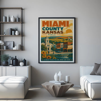 Miami County, Kansas travel poster featuring a town square with sunflowers.
