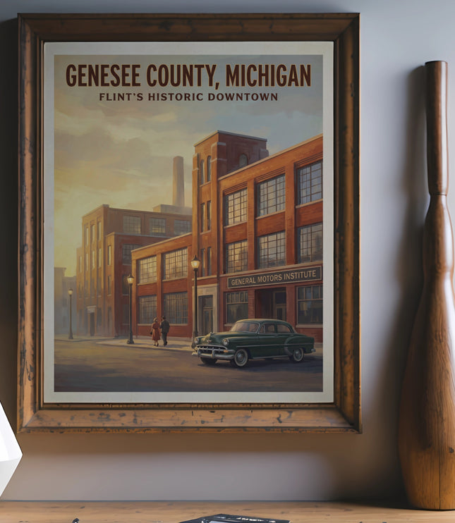 Genesee County. Michigan, Flint's historic downtown artwork with vintage car.