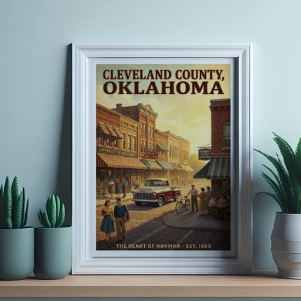 Retro poster of Cleveland County, Oklahoma, showing University of Oklahoma and Norman's historic downtown.