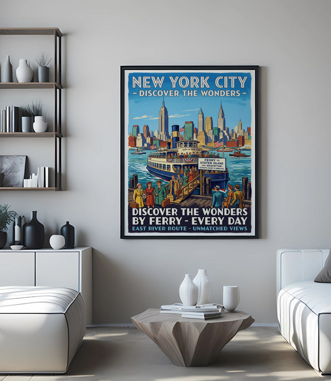 New York City poster of ferry with skyline and text "Discover the Wonders by Ferry".