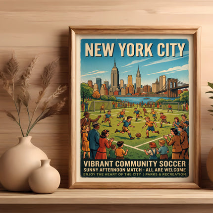 New York City vibrant community soccer match poster with cityscape.