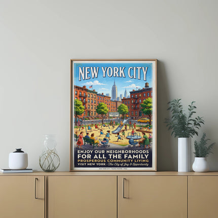 New York City poster depicting a family-friendly neighborhood playground in the 1940s.