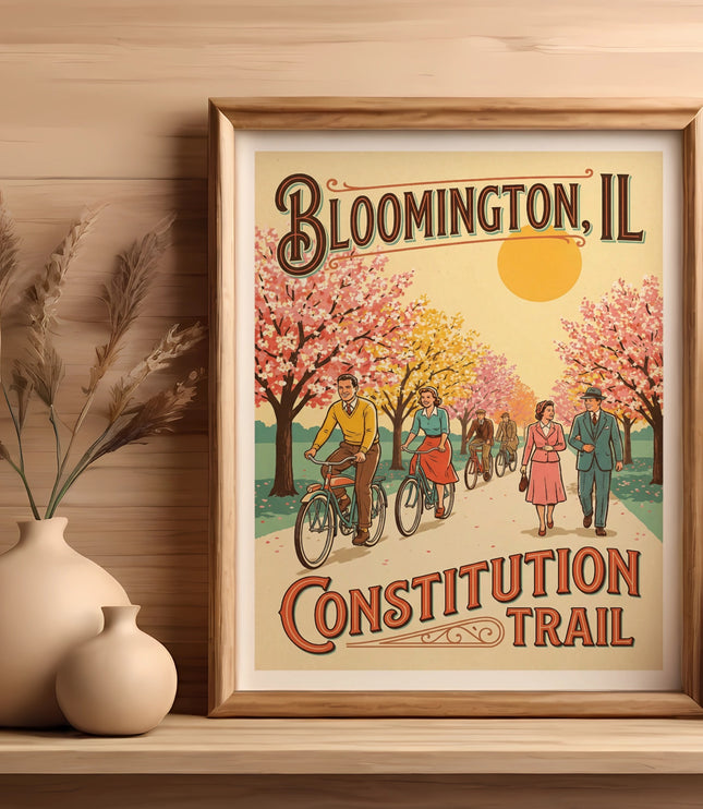 Framed "Bloomington, IL Constitution Trail" vintage poster with people cycling and walking.