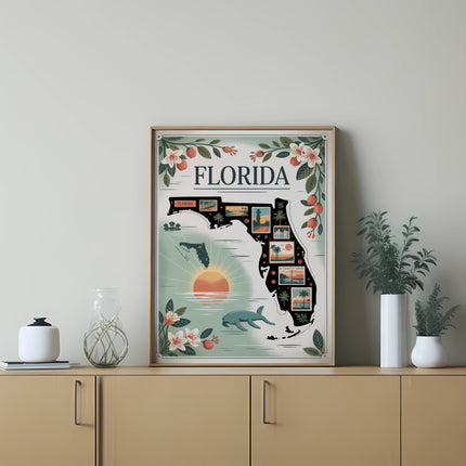 Framed map of Florida with vintage travel postcards and floral accents.