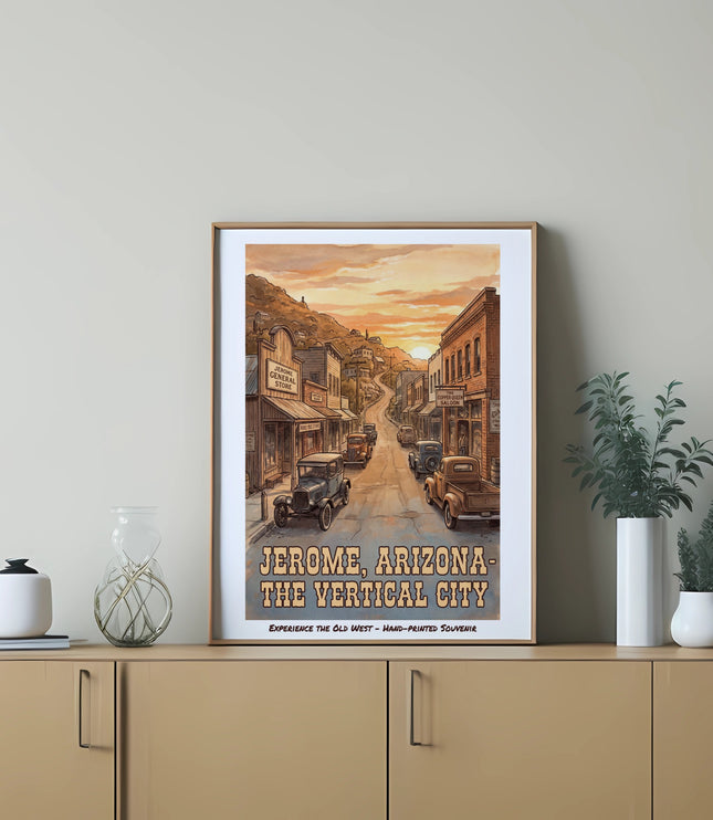Framed artwork of Jerome, Arizona, a vertical city street scene with vintage cars and buildings.