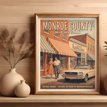 Monroe County Michigan poster featuring a couple and convertible parked near Dundee General Store.