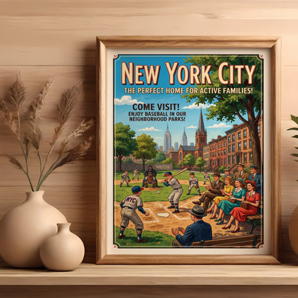 New York City baseball poster with families enjoying a game in a park.