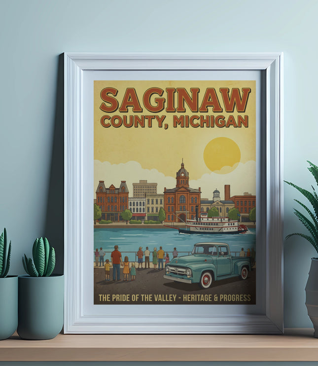 Saginaw County, Michigan retro travel poster with riverfront scene and vintage truck.