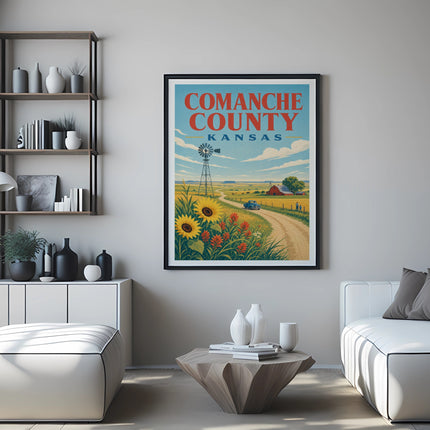 Comanche County Kansas vintage travel poster with windmill, sunflowers, and farm scene.