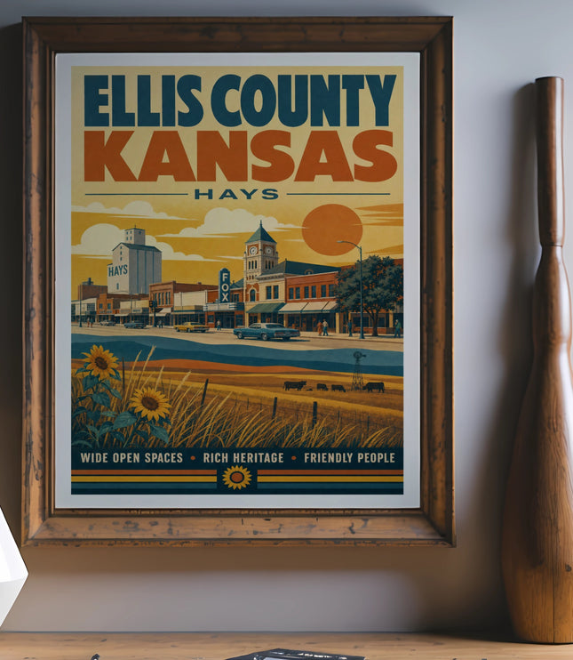 Ellis County Kansas poster with sun, fields, and vintage buildings.