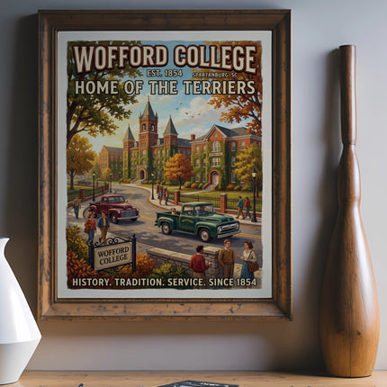 Wofford College poster with buildings, vintage cars, and people.