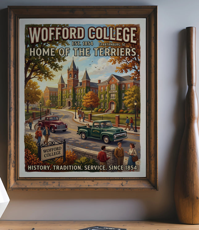 Wofford College poster with buildings, vintage cars, and people.