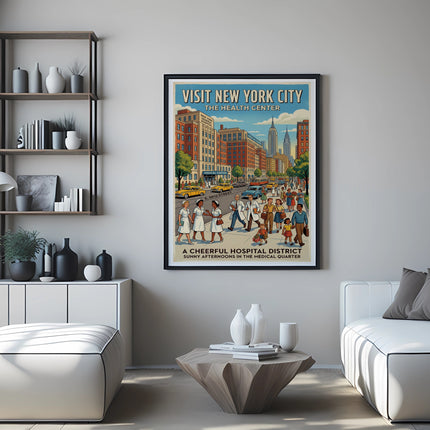 Vintage poster for New York City's health center, showing a busy street scene.