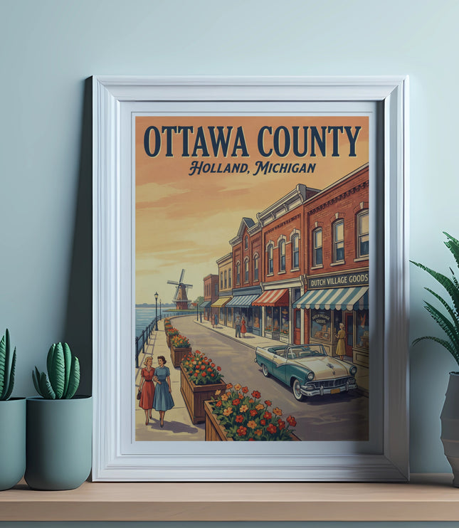 Ottawa County, Holland, Michigan vintage travel poster with cityscape and windmill.