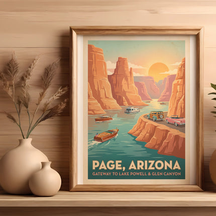 Vintage travel poster of Page, Arizona, featuring boats and cars in a canyon.