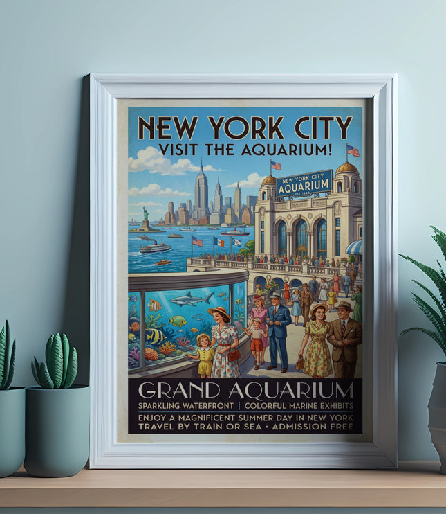 New York City Grand Aquarium vintage poster with skyline, families, and marine life.