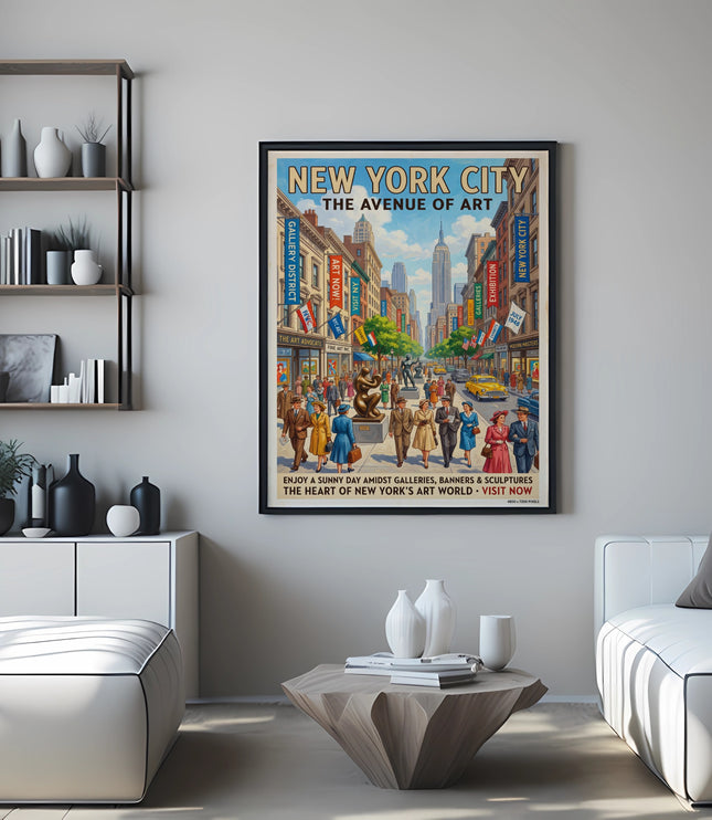 New York City The Avenue of Art poster showing crowds and art galleries.