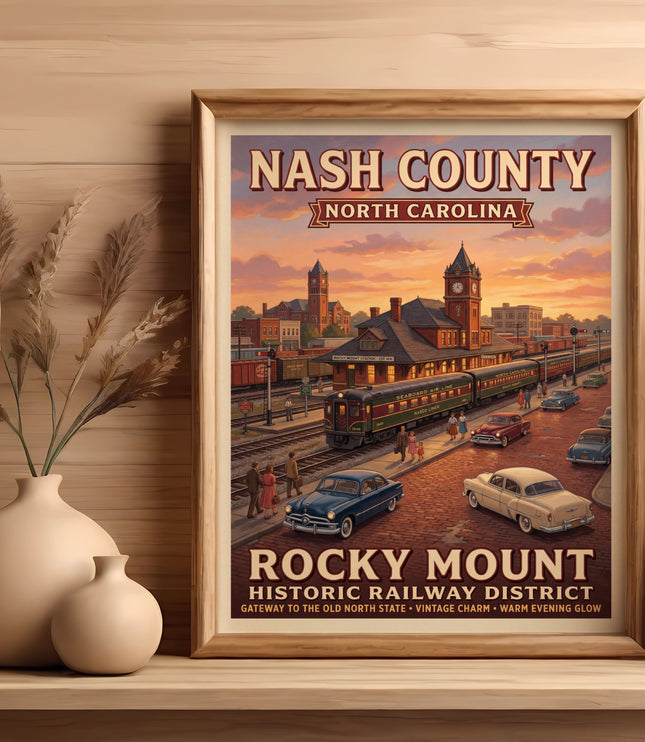 Vintage travel poster of Nash County, North Carolina Historic Railway District.