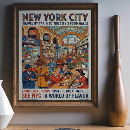 New York City food halls poster with "Enjoy Local Foods" and "A World of Flavor."