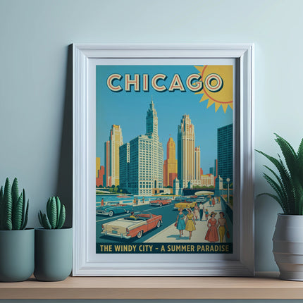 Framed vintage Chicago poster with skyscrapers, cars, and people, reads "The Windy City - A Summer Paradise".
