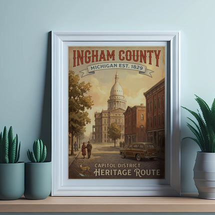 Ingham County Michigan Heritage Route travel poster with capitol building and vintage car.