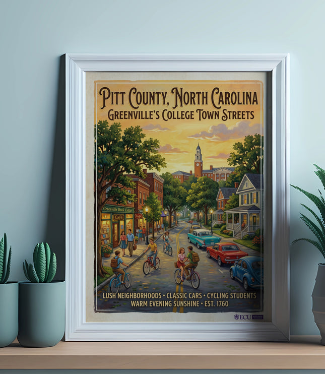 Pitt County, North Carolina poster featuring Greenville's college town streets and historic architecture.