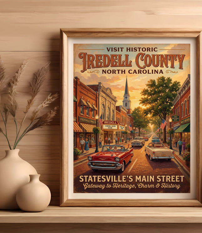 Iredell County North Carolina retro travel poster with vintage cars and buildings.