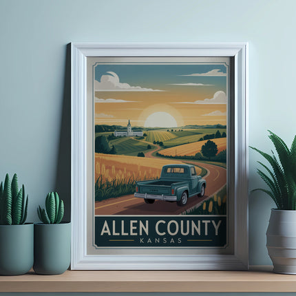 Vintage Ford pickup truck on road in Allen County, Kansas landscape.
