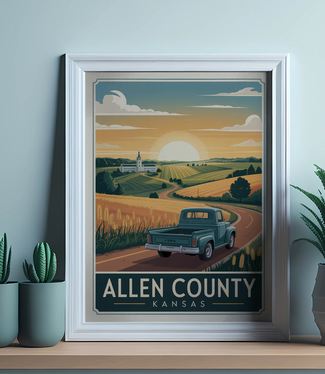 Vintage Ford pickup truck on road in Allen County, Kansas landscape.