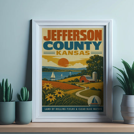 Jefferson County, Kansas vintage travel poster with farm, lake, and sunflowers.