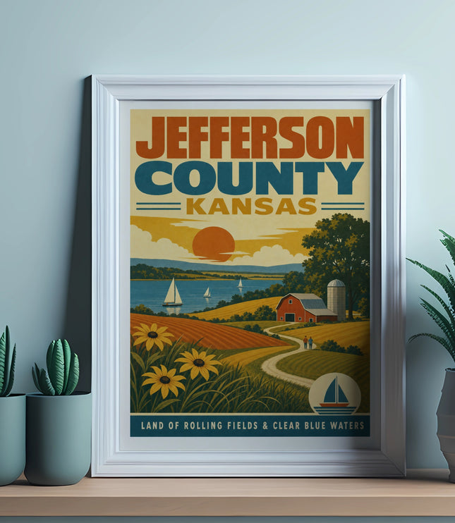 Jefferson County, Kansas vintage travel poster with farm, lake, and sunflowers.