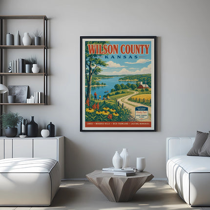 Poster for Wilson County, Kansas, featuring lakes, hills, and farmland.