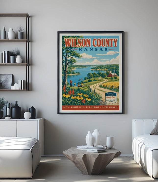 Poster for Wilson County, Kansas, featuring lakes, hills, and farmland.