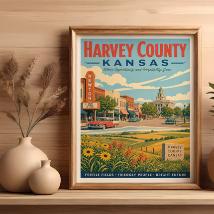 Harvey County, Kansas poster with vintage buildings, fields, and text.