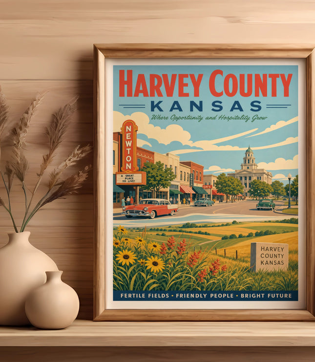 Harvey County, Kansas poster with vintage buildings, fields, and text.