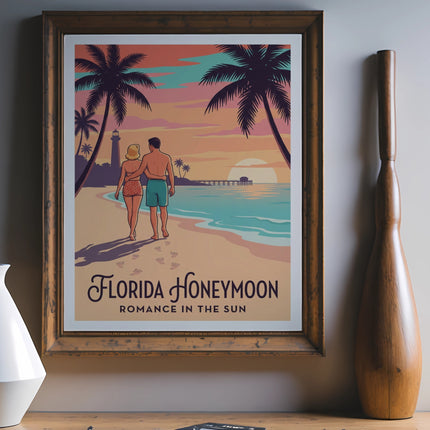 Florida Honeymoon romance poster with couple walking on beach at sunset.