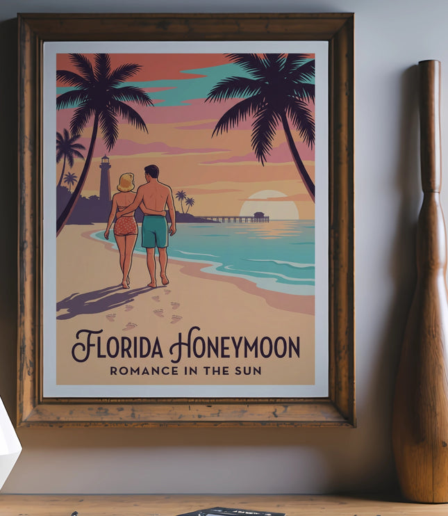 Florida Honeymoon romance poster with couple walking on beach at sunset.