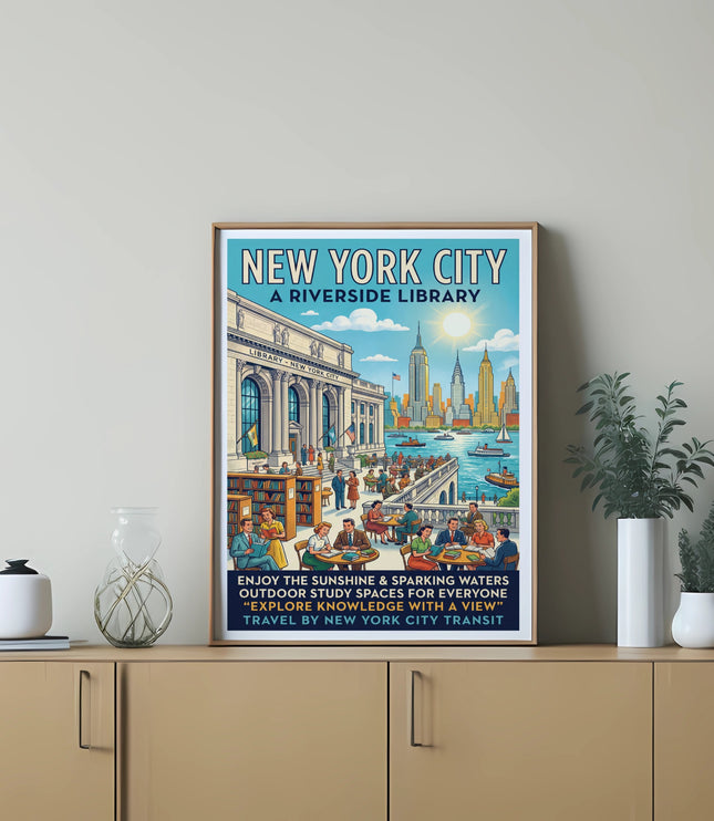 New York City, a Riverside Library art depicting outdoor reading and city views.