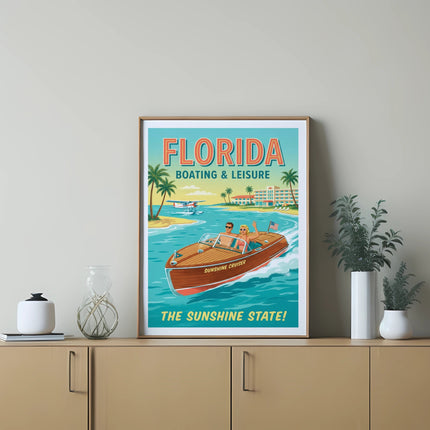 Vintage Florida boating and leisure poster featuring a boat and palm trees.