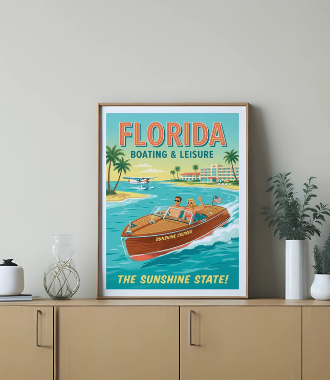 Vintage Florida boating and leisure poster featuring a boat and palm trees.