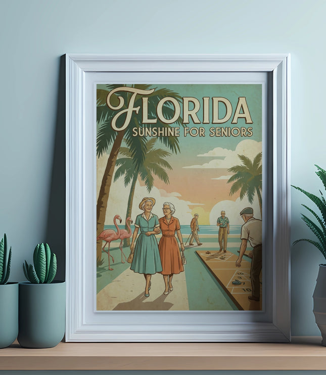 Retro poster of Florida with seniors playing shuffleboard and flamingos.