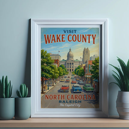 Framed vintage poster with "Visit Wake County" and "North Carolina Raleigh" text.