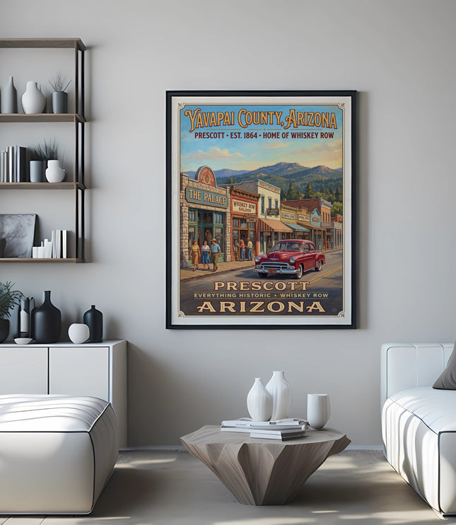 Vintage travel poster of Prescott, Arizona, featuring Whiskey Row and a classic red car.