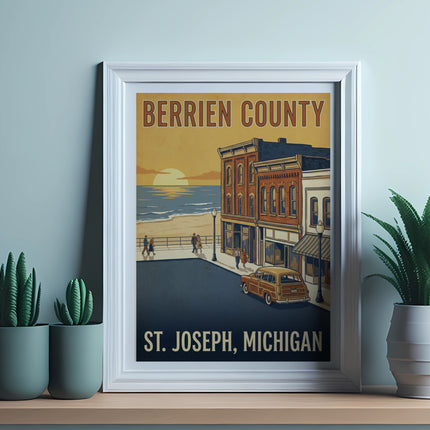 Poster with Berrien County, St. Joseph, Michigan text depicting a beach town scene.
